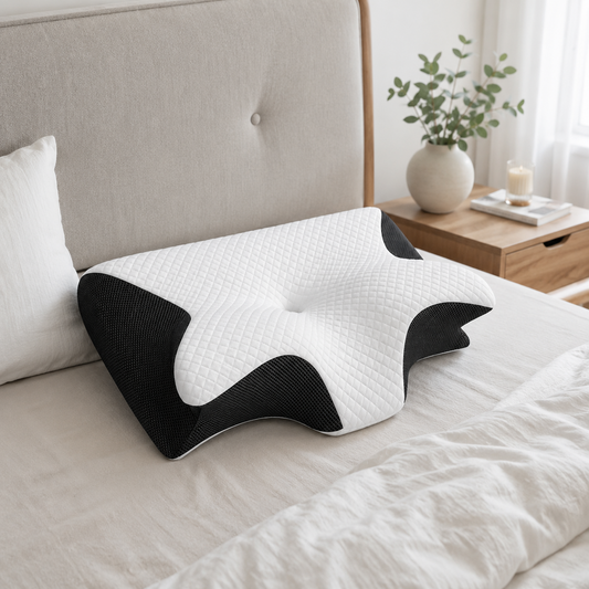 Erganix Cervical Support Pillow on a bed in a bright bedroom